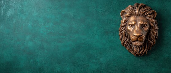 Bronze lion head sculpture on a textured green background.