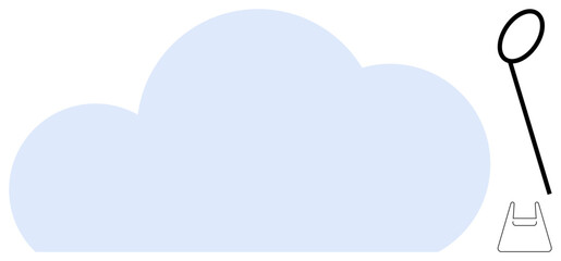 Large blue cloud shape with a bubble wand and small bucket. Ideal for creativity, imagination, innovation, simplicity, technology, cloud storage, digital ideas. Minimalist abstract line flat metaphor