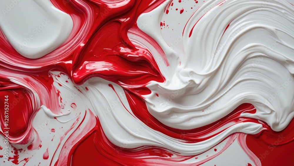 Poster abstract art created by blending red and white water-based paint, showcasing dynamic swirls and text