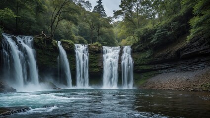 Fototapeta premium Serene Cascade of Waterfalls Surrounded by Lush Greenery in a Tranquil Natural Setting
