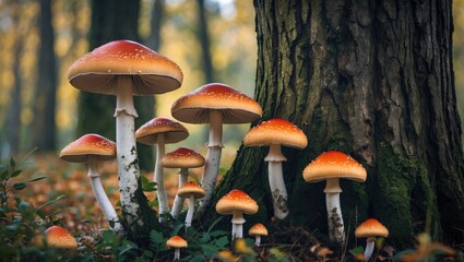 Vibrant mushrooms with orange caps growing around a tree trunk in a serene forest setting during autumn foliage.