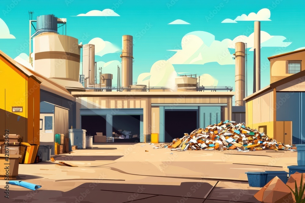 Aufkleber Recycling plant with conveyor belts and sorted waste creating an efficient industrial environment for waste management tasks. Generative AI