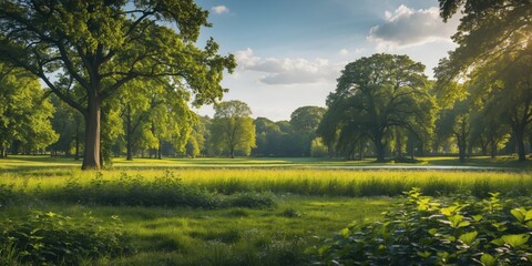 Naklejka premium Serene Summer Park Landscape with Lush Greenery and Expansive Sky Ideal for Nature Themes and Text Overlay