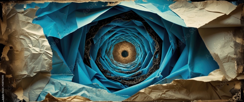 Poster Abstract spiral of blue paper with crumpled edges creating an intriguing visual depth and texture on a dark background.