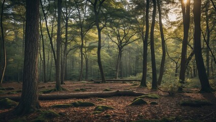 Naklejka premium Serene Forest Landscape with Lush Green Trees and Soft Light Ideal for Text Overlay or Nature-Focused Designs