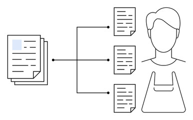 Stack of documents connected by lines to four individual sheets next to a person with an apron. Ideal for workflow organization, distribution, task delegation, project management, resource
