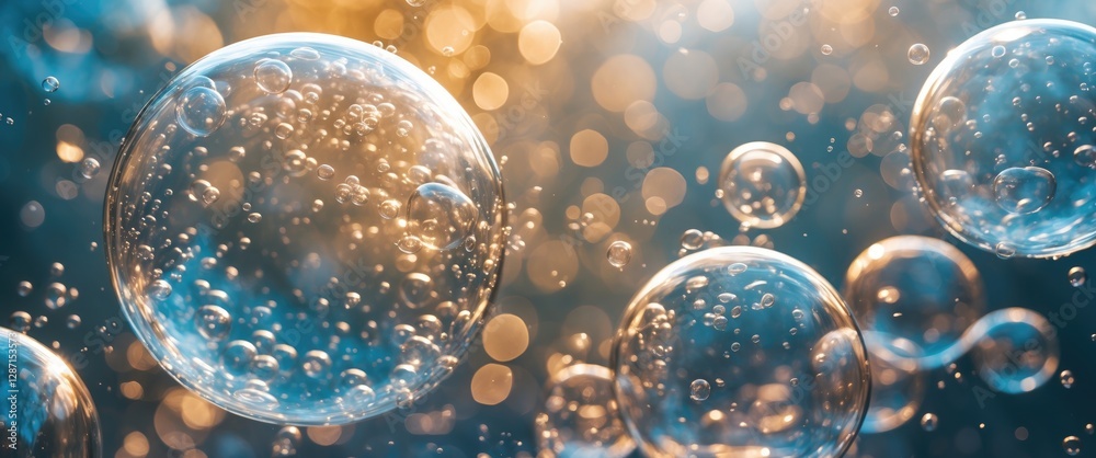 Poster floating bubbles in soft focus with warm bokeh background creating a serene and airy atmosphere idea