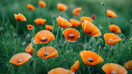 Obraz premium Vibrant Orange Poppy Flowers Blooming in Lush Green Grassland Under Soft Natural Light