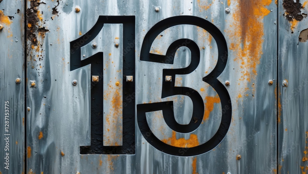 Poster stencil art of the number 13 on a weathered metal wall with rust and texture for use in abstract des