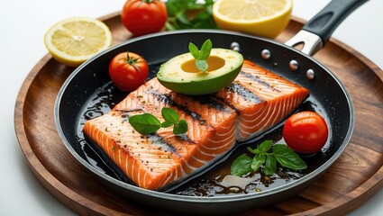 Grilled salmon fillet with avocado and tomatoes garnished with fresh herbs served in a frying pan on a wooden plate against a white background