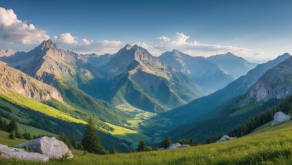 Majestic Mountain Range with Lush Green Valleys and Clear Blue Sky in a Panoramic Summer Landscape