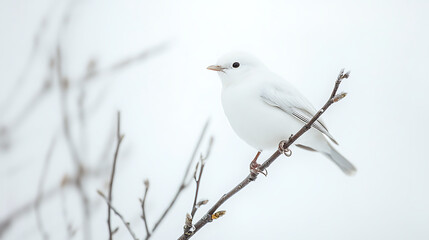 Obraz premium A white bird is perched on a branch in the snow