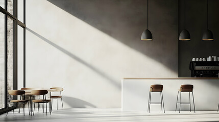 Minimalist caf?(C) backdrop featuring empty surfaces for visual compositing  -