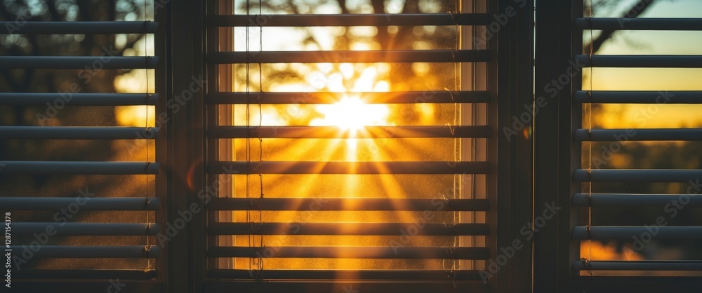 Poster sunset rays filtering through window blinds creating a warm golden hour ambiance with contrasting li
