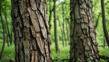 Obraz premium Textured tree bark in a lush green forest showcasing natural beauty and the passage of time through nature's patterns and colors.