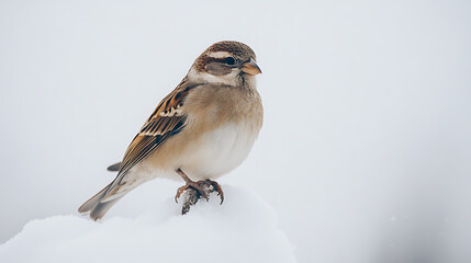 A small brown and white bird is perched on a snowy surface