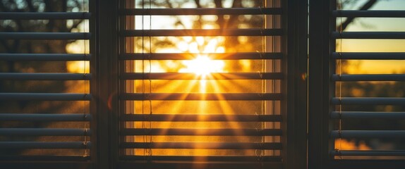 Sunset rays filtering through window blinds creating a warm golden hour ambiance with contrasting light and shadows. Selective focus effect.