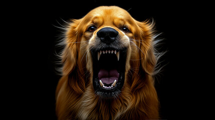 A golden retriever is barking loudly with its mouth open, revealing its teeth sharply against a black background, conveying a sense of intensity - Generative AI