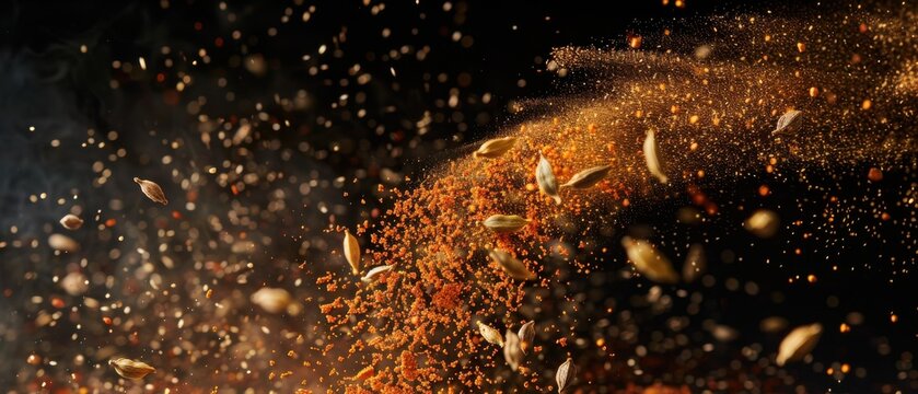 Dynamic spices in motion paprika powder cumin seeds flying high dark backdrop vivid color contrast cinematic detail.