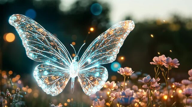 Enchanted Glass Butterfly in a Dreamlike Meadow