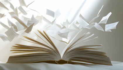 Open book with flying pages and rays of light, symbolizing knowledge and inspiration  -