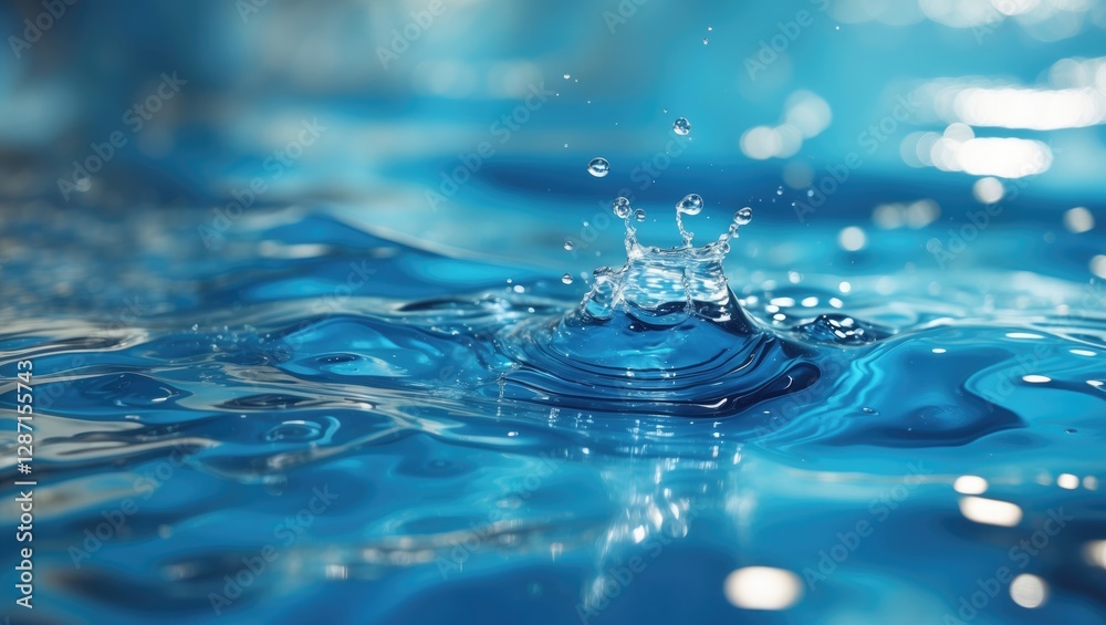 Poster rippling blue water surface with splashes and reflections creating a serene and textured background 