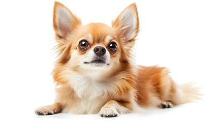 Obraz premium A small brown and white dog with a fluffy tail laying on a white background