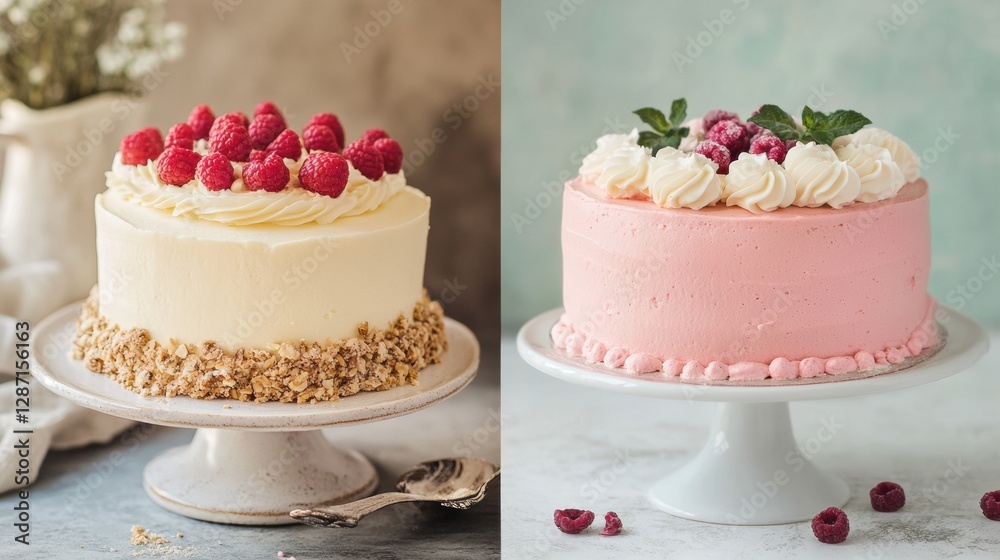 Poster two beautifully decorated cakes with raspberry toppings on display for a dessert occasion at a styli
