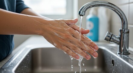 hand wash for health awareness, Washing hands, soap and water for cleaning, hygiene and wellness in bathroom lens flare. Liquid, hand or skin care for bacteria, germs or virus protection in sink for 
