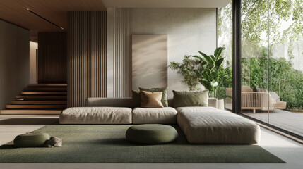 Fototapeta premium A big sofa and natural touches abound in this contemporary, minimalist room. A sophisticated, serene ambiance is created by the soft greens that bring harmony to the room. 