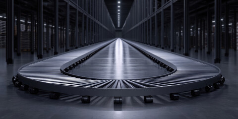 Obraz premium Empty Automated Conveyor Belt System with Rotating Rollers for Industrial Manufacturing and Process Automation