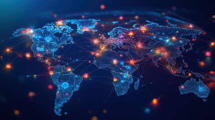 Fototapeta premium Global social media network, Digital world map with users worldwide connections.