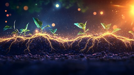 Sustainable Technological Evolution An Depiction of Interconnected Futures where Individuals are Linked by Vibrant Green Digital Roots Representing a Nature Driven Technological Progress