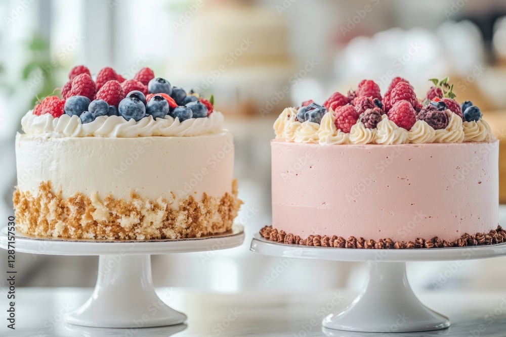 Poster Delicious selection of berry topped cakes displayed in a bright, elegant bakery setting at midday. Generative AI