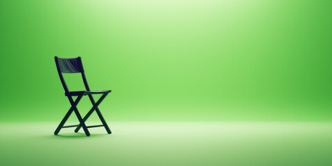 Interior of photo studio with professional lighting equipment and empty director chair with green screen background