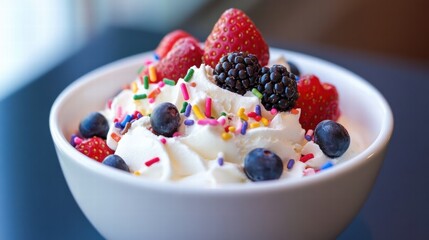 A delicious bowl of yogurt topped with fresh berries and colorful sprinkles, perfect for a refreshing treat.