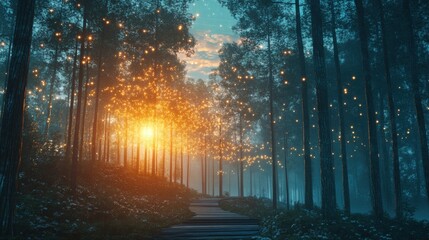 A serene forest scene at sunset, with glowing lights among the trees and a pathway leading into the enchanting landscape.