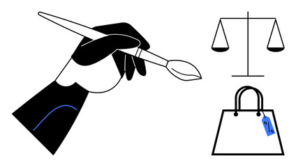 Hand holding paintbrush, scales of justice, shopping bag with tag. Ideal for creativity, balance, justice, law, commerce art consumerism themes. Minimalist style blue accents abstract line flat