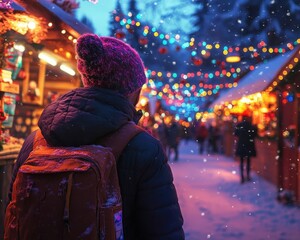 Obraz premium Attending a winter fair with glowing AR event highlights, vibrant festive market setting, soft ambient lighting, photorealistic