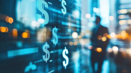 Fototapeta premium Investment progress concept, ascending step chart with dollar signs, blurred businessman in background, financial strategy and wealth building, stock photo with copy space.