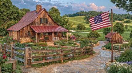 Fototapeta premium Rustic farmhouse, scenic valley, American flag, summer evening, rural postcard