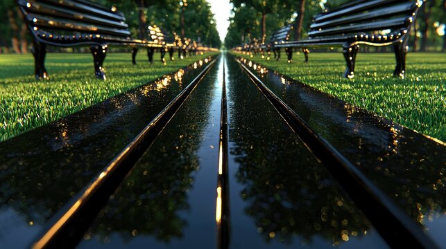 Symmetrical close-up of wet wooden park bench slats leading to a vanishing point between rows of benches on green grass.