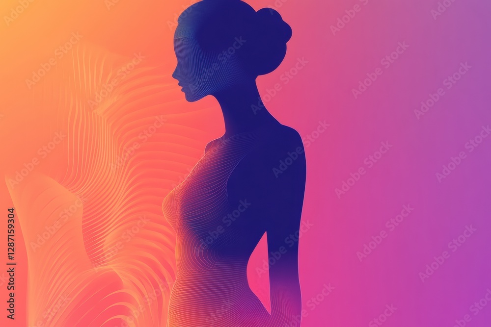 Poster Minimalist illustration of a female silhouette accentuating the waistline with a colorful gradient background. Generative AI
