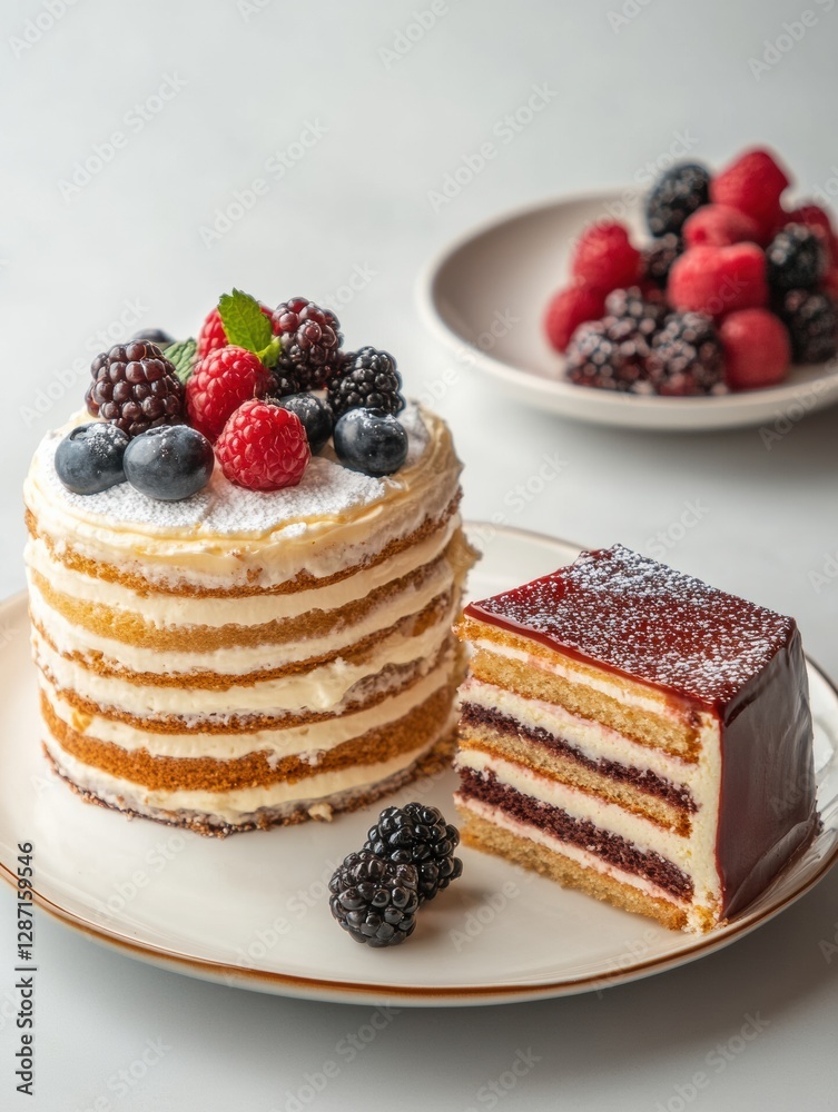 Poster delicious layered cake with fresh berries displayed on a plate with a smaller dessert featuring choc