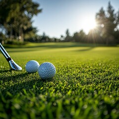 Golf Balls On Green With Putting Club