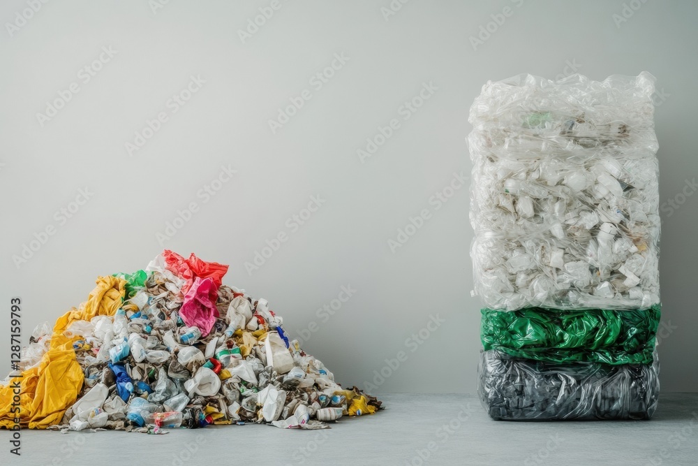 Poster plastic waste contrasts with neatly organized recycled products highlighting recycling efforts in a 