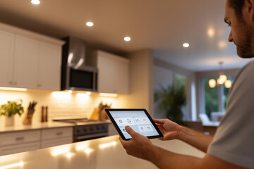 Man controls smart kitchen appliances using tablet in modern home