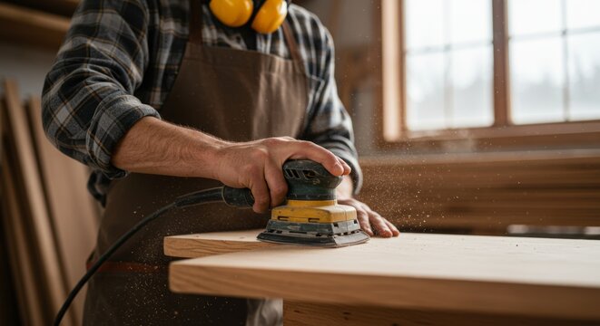 Carpenter smoothing wood with a sander in a sunlit workshop creating fine sawdust