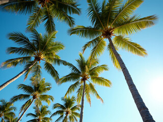 Palm trees swaying in paradise tropical beach nature photography bright blue sky aerial view serenity