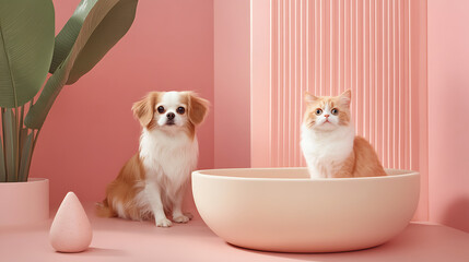 Fototapeta na wymiar Two cats are sitting in a white bowl in front of a pink wall